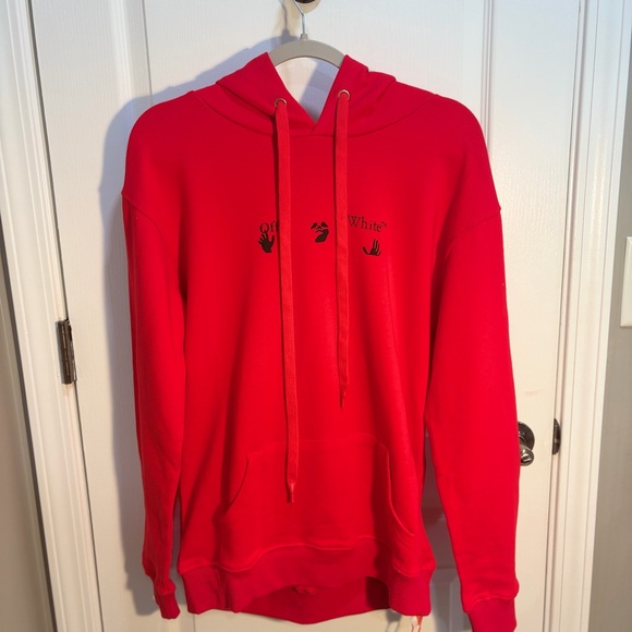 Off-White Red Graphic Print Pullover Hoodie Cotton Women’s Size L Drawstring